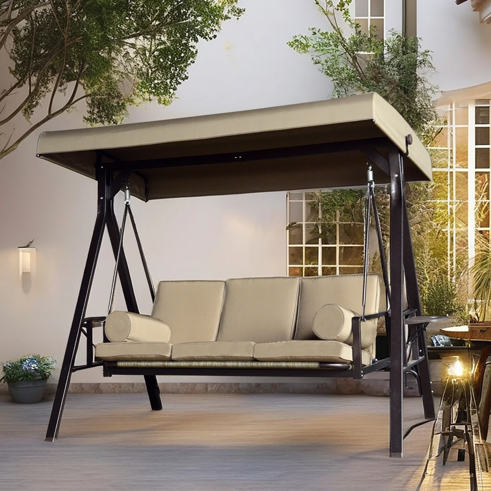 

Adjustable Outdoor Patio Porch Swing Chair with Cushion Rattan Plastic Wood Steel Frame Backyard Balcony Garden Bedroom Home Use