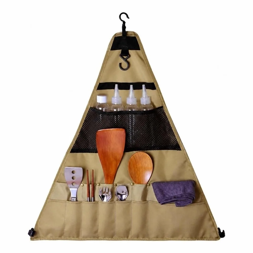 900D Oxford Fabric Camping Storage Bag Triangular Hanging Loop Cutlery Storage Bag Multi-Pocket Utensil Storage Bag Grilling