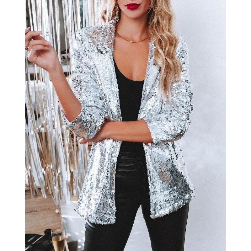 

NEW Spring Fashion Women Sequin Costume Shinny Commute Shirt Casual Loose Jacket Stage Party Nightclub Coat Winter Clothes Women