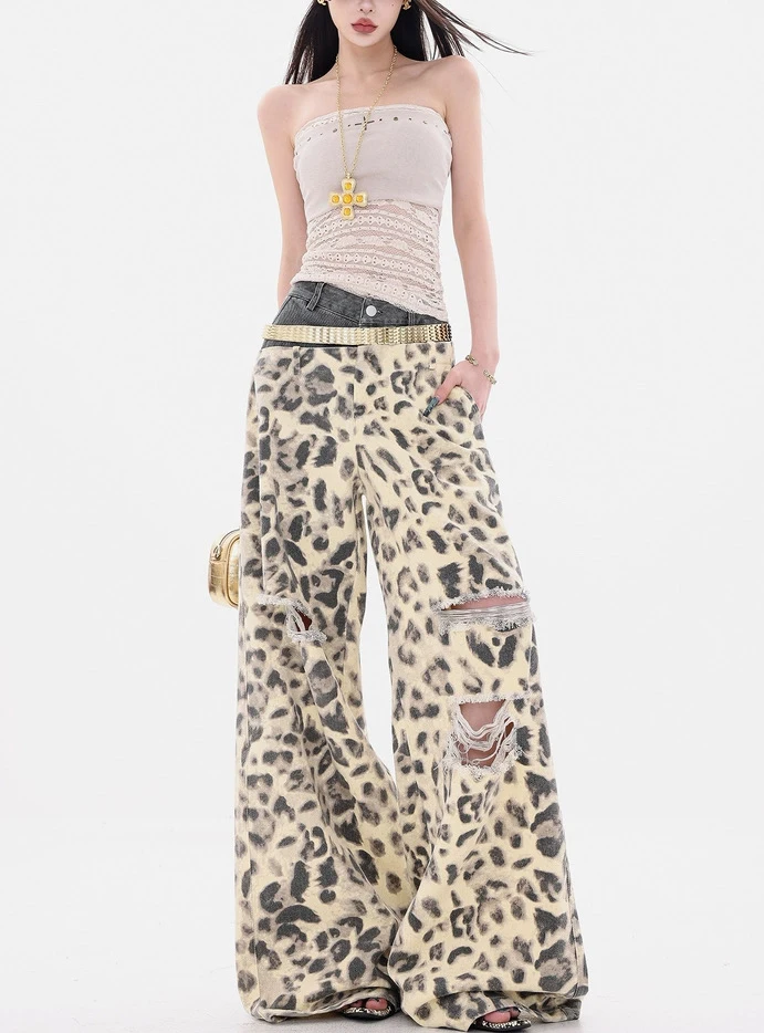 ارتفاع الخصر ممزق هول سليم امرأة الجينز Y2K الأمريكية الرجعية ليوبارد النساء الجينز جديد عادية فضفاض بنطال ذو قصة أرجل واسعة الإناث شيكلي