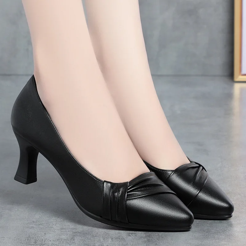 Women Fashion  Spring Singles Shoes 2024 New Mother's Office High Heels Dress Soft PU Leather Soled Simple Elegant Black