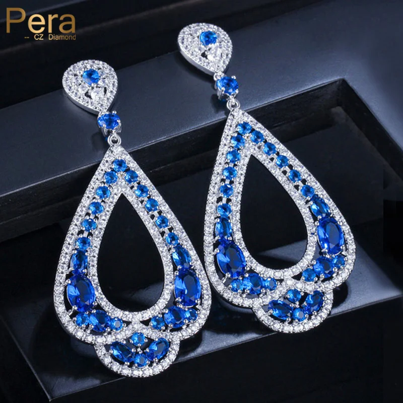 Pera Brand Designer Royal Blue Cubic Zirconia Long Dangle Big Hollow Water Drop Earrings for Bridal Wedding Party Jewelry E008