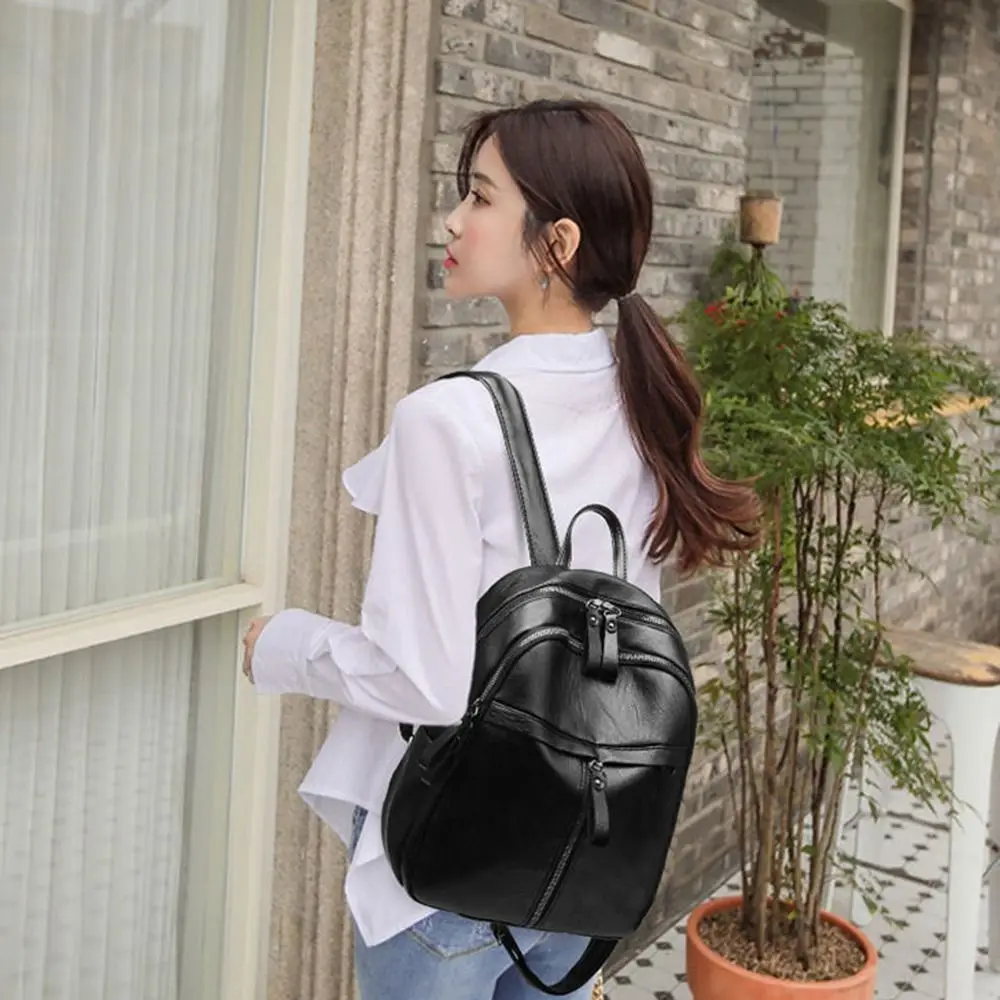 

Multifunctional Black PU Leather Backpack Large Capacity Korean Style Travel Backpack Commuting Outdoor Shoulder Bag Female