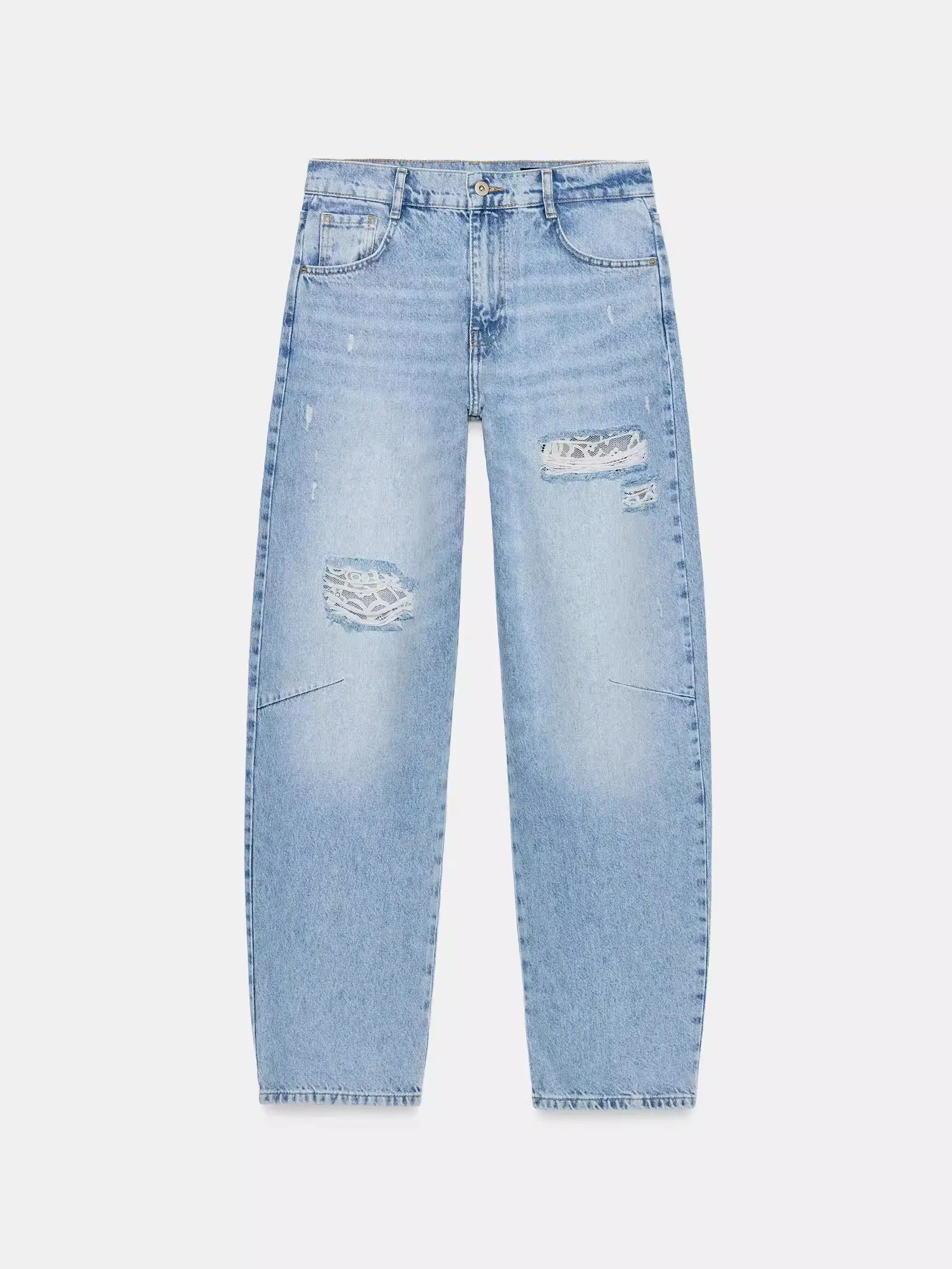 

Новинка Весна-Лето: Свободные женские джинсы с кружевной отделкой и прорезями, с высокой талией, прямые, из хлопкового денима, модные, стройнящие