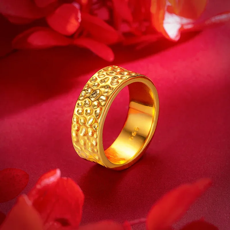 9999 Real Gold 24K Gold Handmade Hammer Ring Male and Female Couples Personalized Wind Hammer Pattern Concave-convex Plain Ring