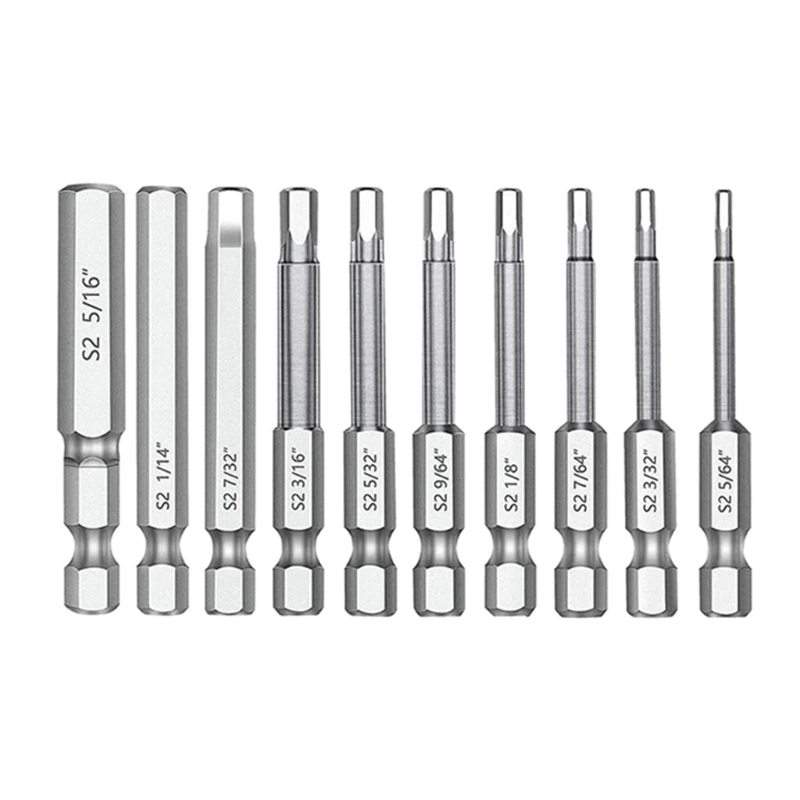 10Piece Set 60mm Hex Screwdriver Bits Steel Magnetic Screwdriver Bit Set 5/64 3/32 7/64 1/8 9/64 5/32 3/16 7/32 1/4 5/16