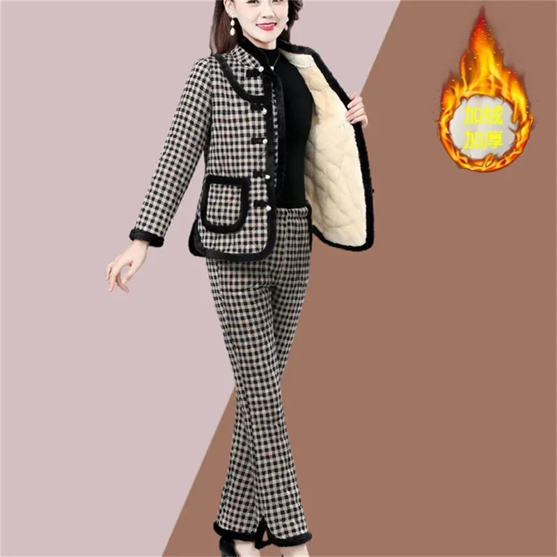 

Mother's winter Suits Fashion Plus Velvet Warm Cotton-Padded Clothes Suit Middle-Aged Women Size 5XL Thick cotton-Padded Trouser