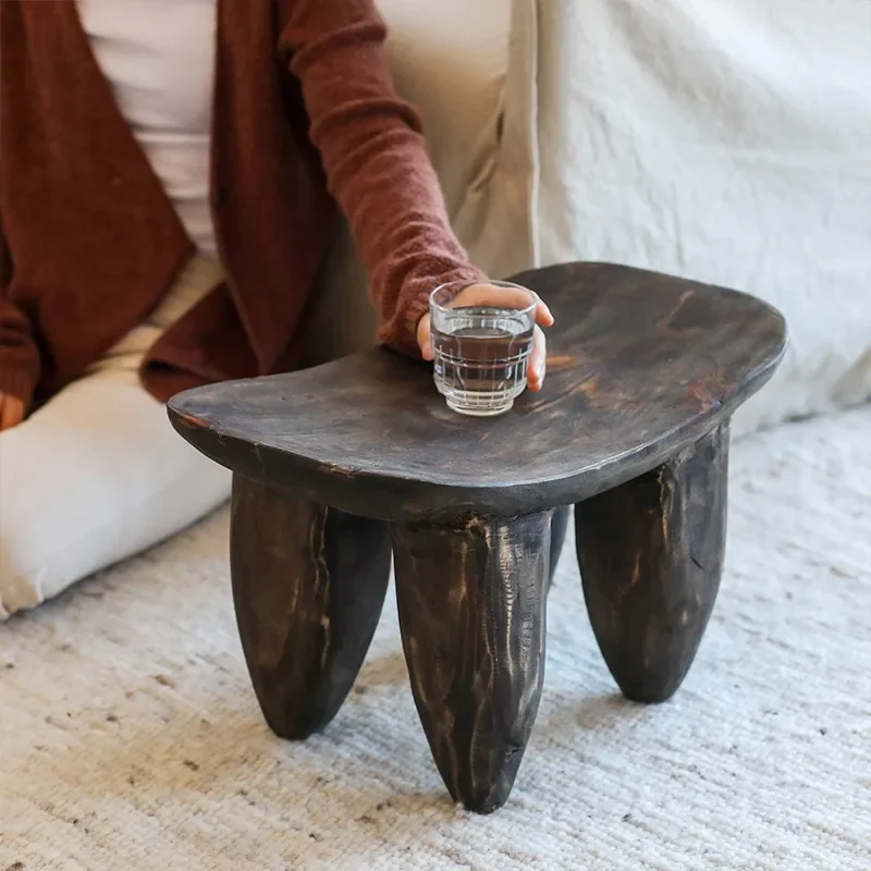 Wabi-sabi Solid Wood Japanese Black Log Oval Four-Legged Stool Shoe Bedside Table Designer Art Decoration Vintage Furniture