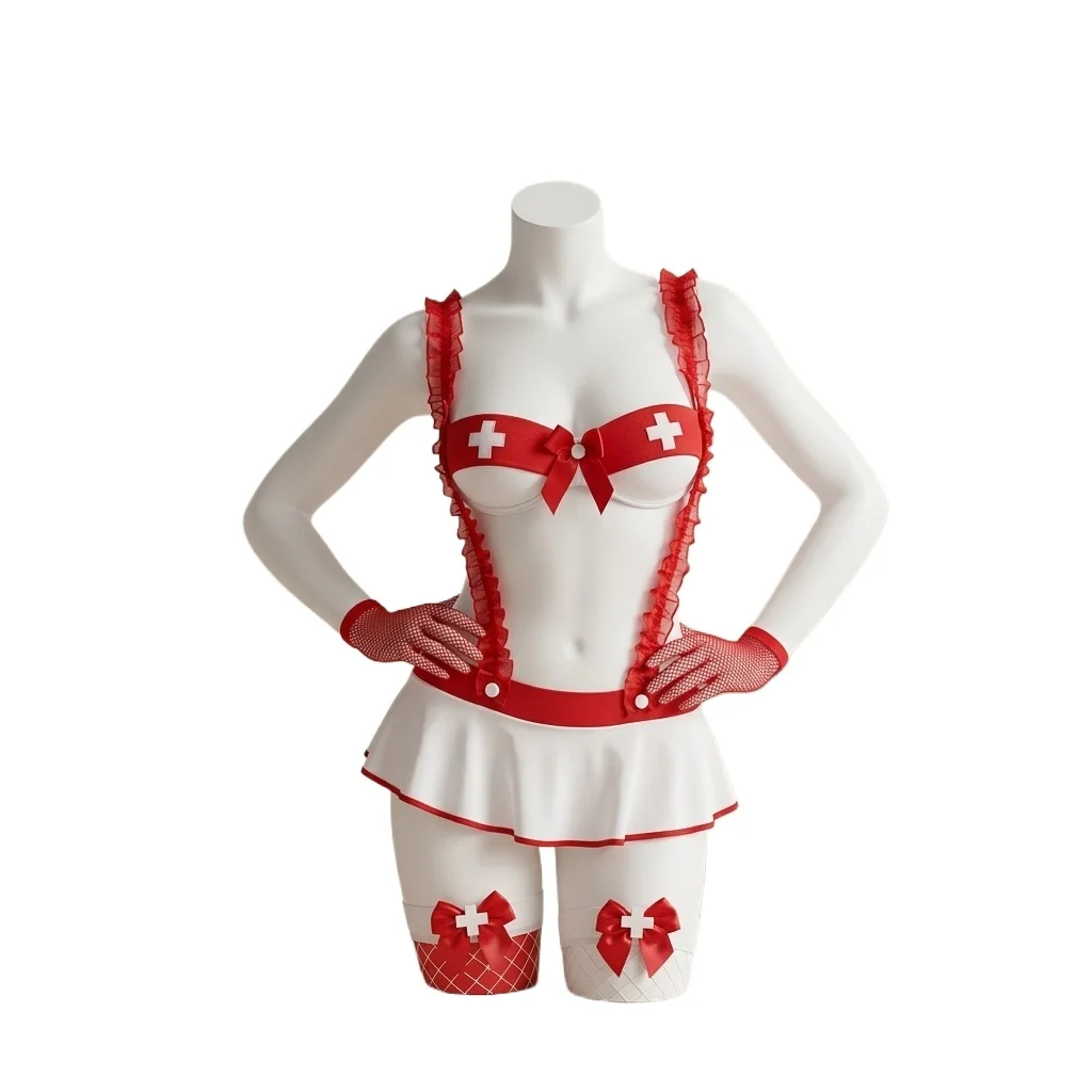 Women's Nurse Lingerie Set Red and White Roleplay Costume with And Fishnet Stockings for Halloween and Adult Role Play