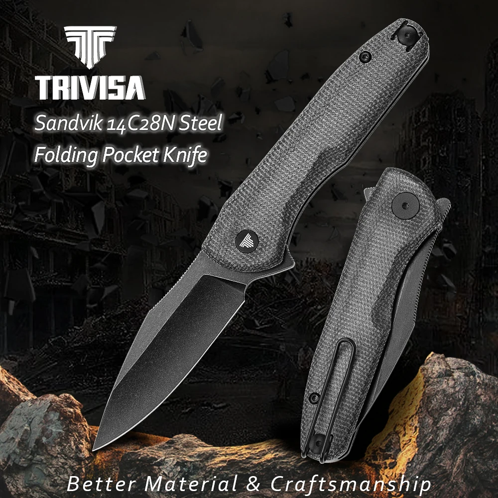 

TRIVISA Good Folding EDC Knife for men，Pocket Knives with Clip for Camping Tool，3.26" 14C28N Flipper Blade，Micarta Hanlde