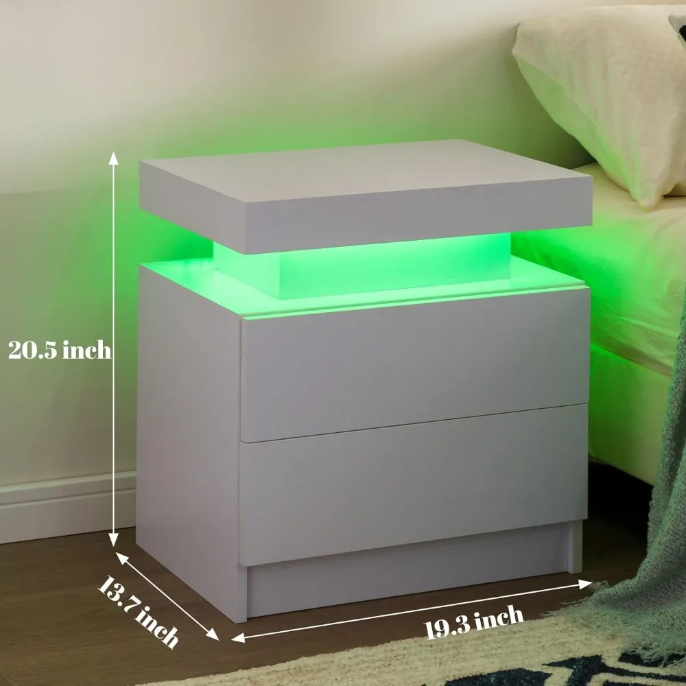 White Nightstand Set of 2 LED Night Stand for Bedroom White Modern LED Bedside Table with 2 Drawers End Side Table