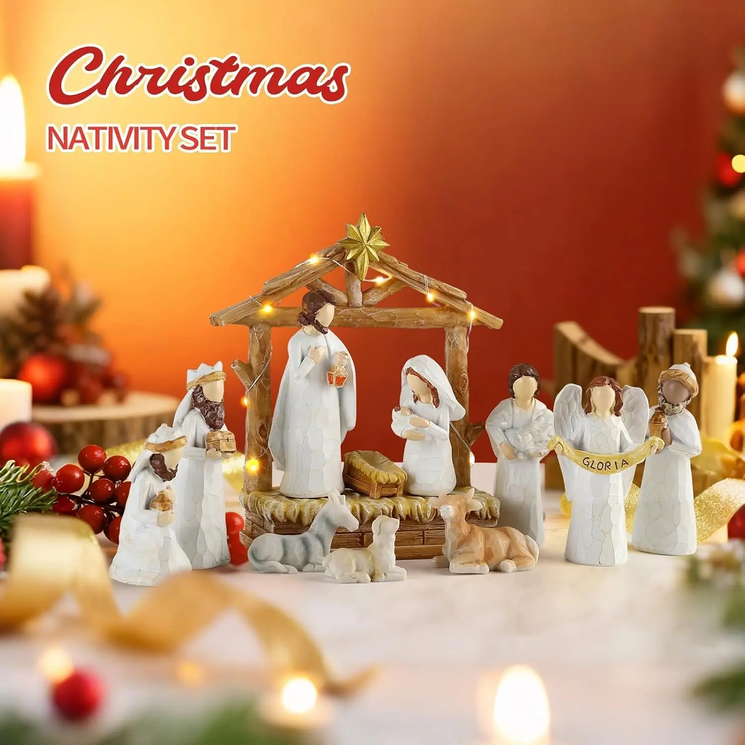 Nativity Set Christmas Decorations  Nativity Scene Resin Jesus Birth Set with Figures House for Xmas Gift Desk Table Ornaments