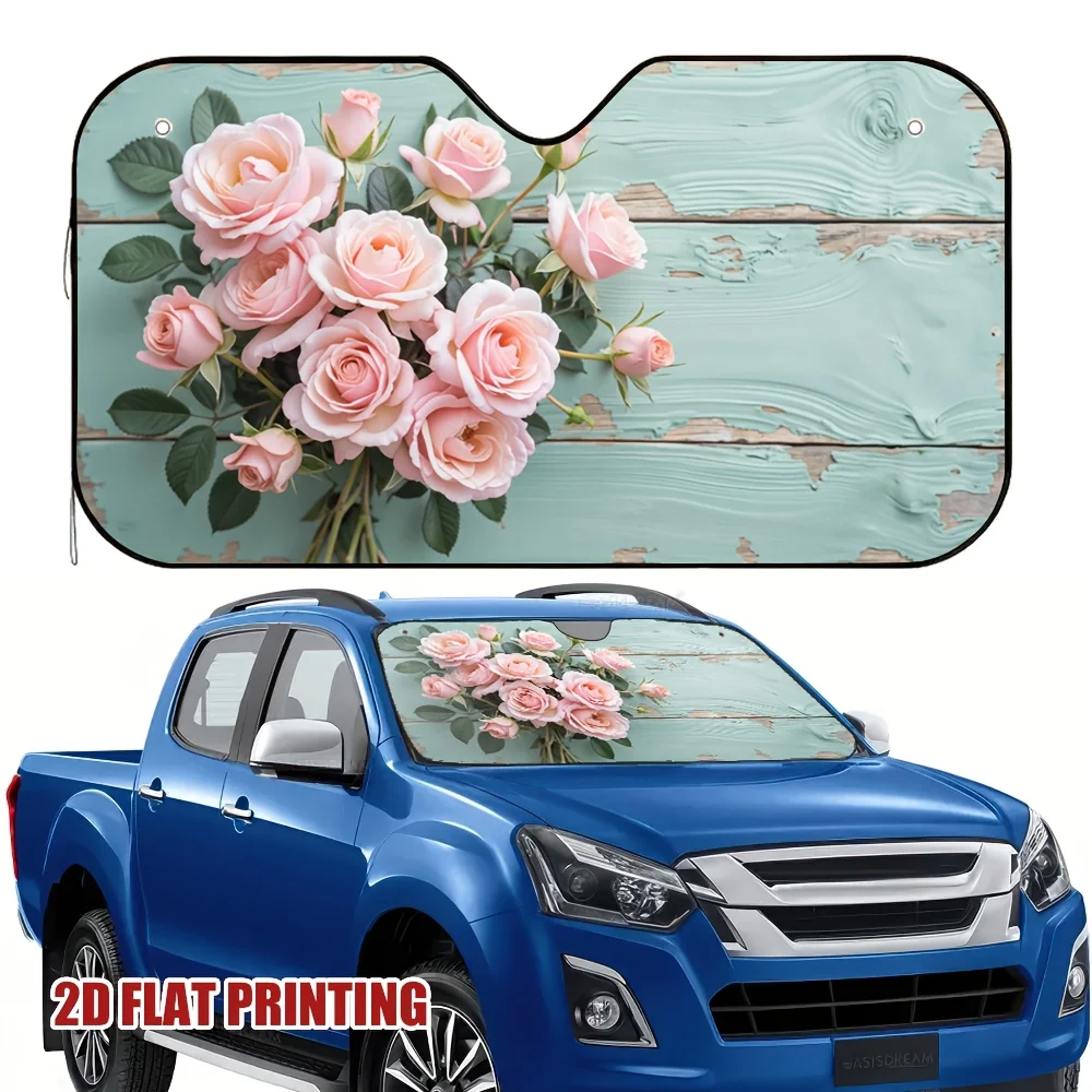 1pc A Flat 2D Multifunctional Sunshade For Cars, Designed In A Rose Pattern. Made From 100% Polyester, It Is Suitable For Hallow