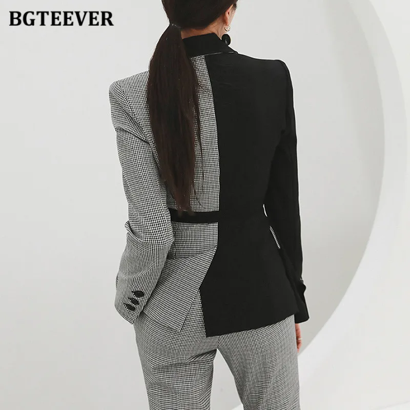 BGTEEVER Elegant Patchwork Houndstooth Trousers Suits Women Double Breasted Blazer Female Pencil Pants Spring Ladies 2 Piece Set