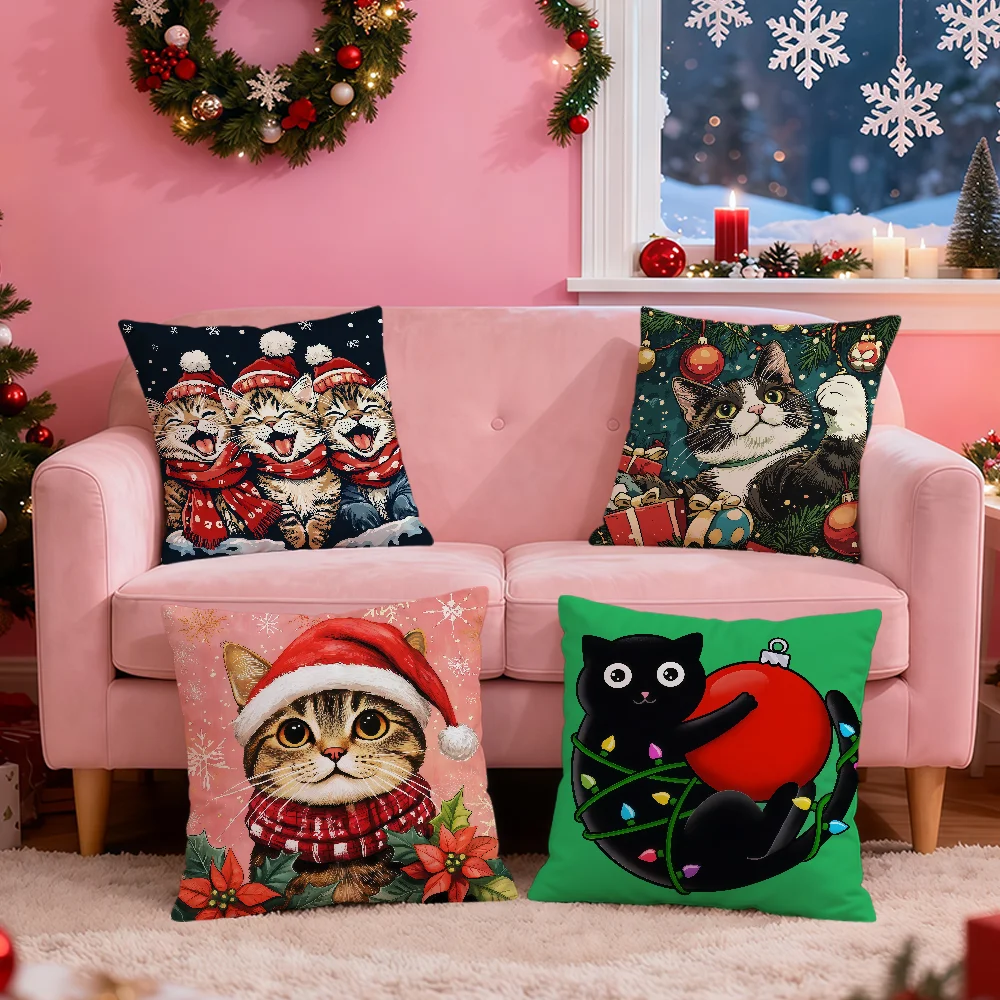 cute cartoon art Christmas kawaii cat festival Soft pillowcase Home living room bed sofa party bedside hogar Decor cushion cover