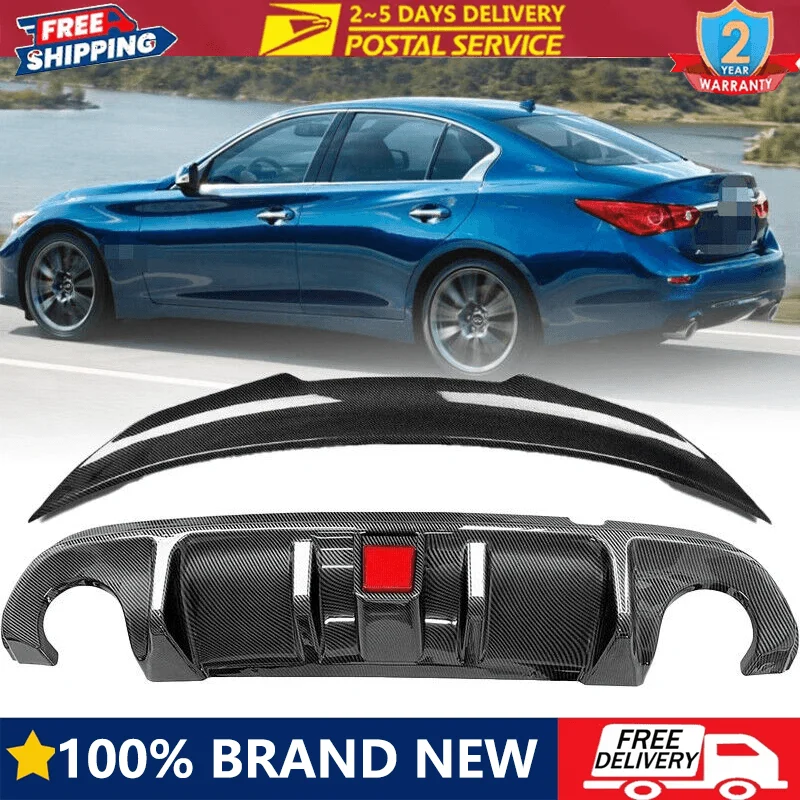 

2PCS Carbon Fiber Rear Bumper Diffuser Lip & Rear Car Spoilers For Infiniti Q50 2014-2017 With LED Lamp Gloss Black Boot Spoiler
