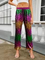 Sequined Drawstring Waist Pants, Casual Loose Pants For Spring & Summer, Mardi Gras, Women's Clothing