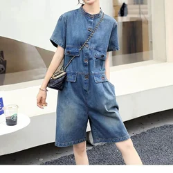 Denim Jumpsuits Women Korean Fashion Overalls Loose Oversized Vintage Playsuits Casual One Piece Outfits Women Wide Leg Shorts
