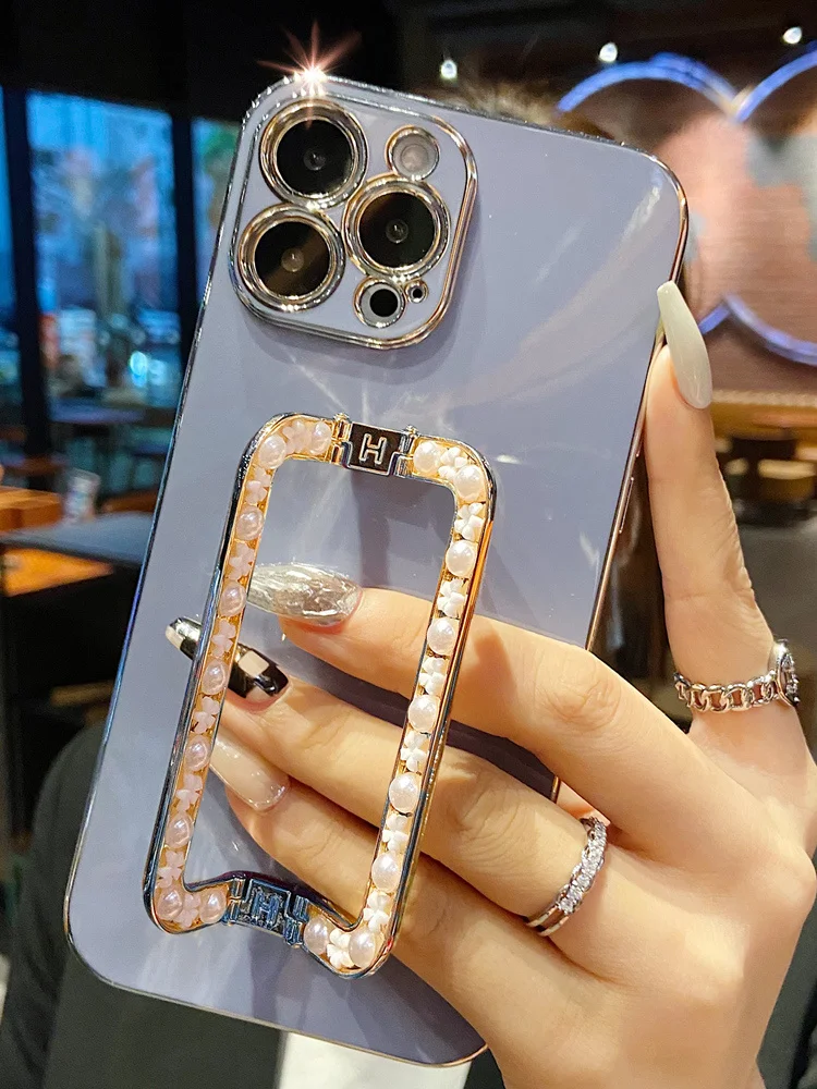 Mới Cho iPhone 14 13 12 11 Pro Max X Xs XR 7 8 Plus SE2020 Điện Thoại Ốp Lưng Sang Trọng 3D Ngọc Trai Vuông Giá Đỡ Mạ Vàng Da