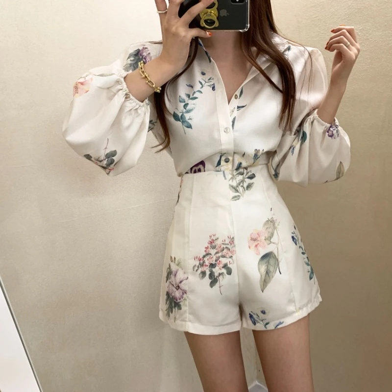 Vintage Vacation Outfits Women Summer Retro Lanter Sleeves Shirts + Printed Shorts Two Piece Sets Korean Fashion Matching Suits