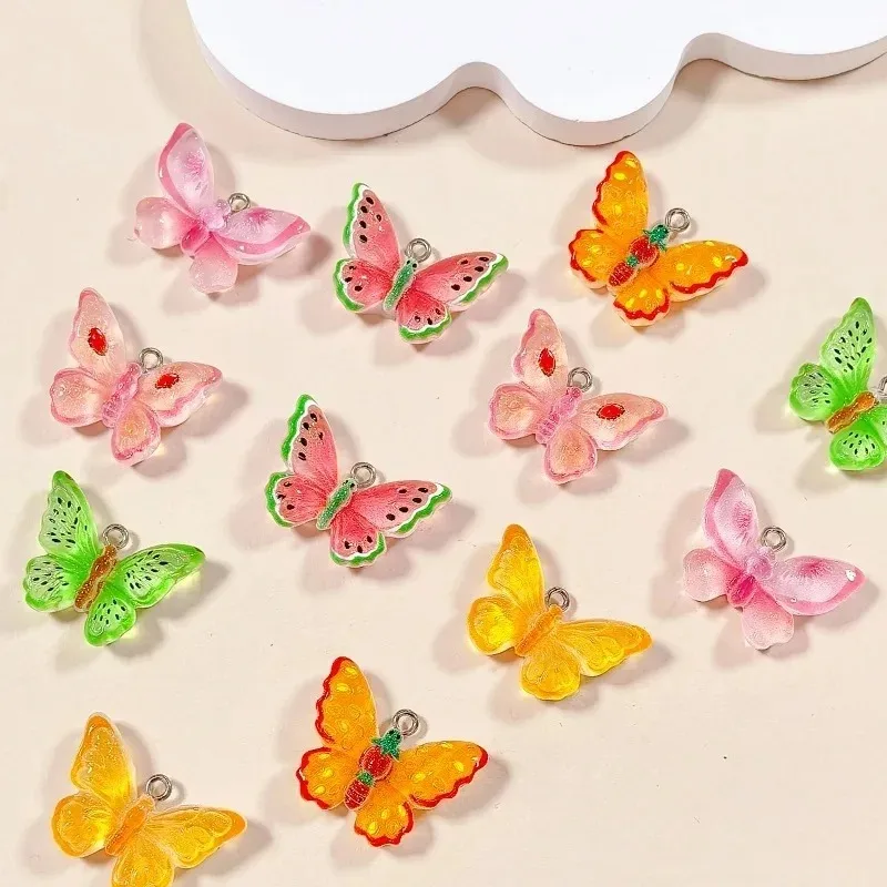 10Pcs Cute Flatback Fruit & Butterfly Resin Charms Watermelon Peach Apple Mixed Pendants DIY Handmade Parts for Keychain Earring