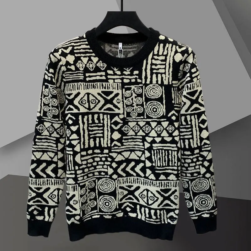 

Retro Ethnic Geometric Contrast Color Pattern Long Sleeve Sweater Korean Pullover Sweater Streetwear Knitted Sweater Tshirt Male