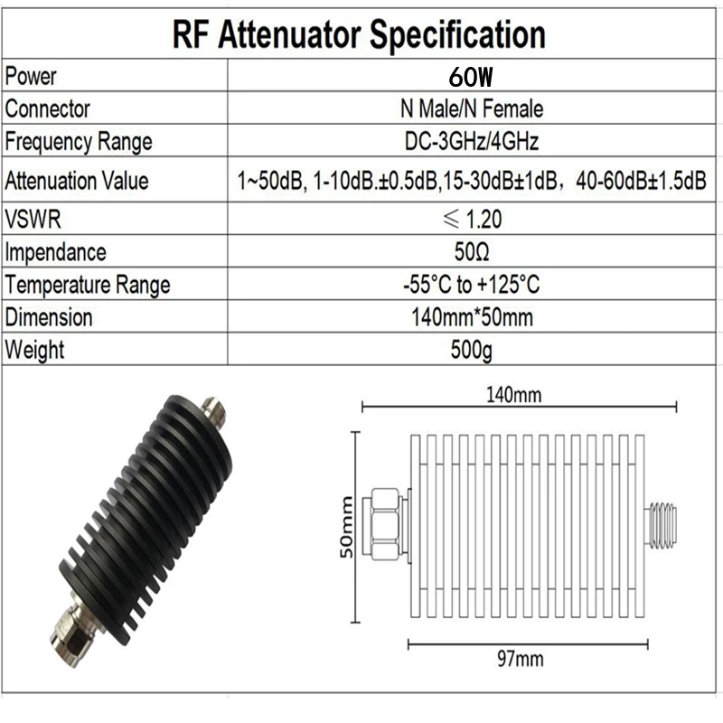 60W N Male Plug to N Female Jack Connector RF Attenuator DC-3Ghz/4Ghz RFcoaxial Power 50ohm 1~60db Brand New and High Quality