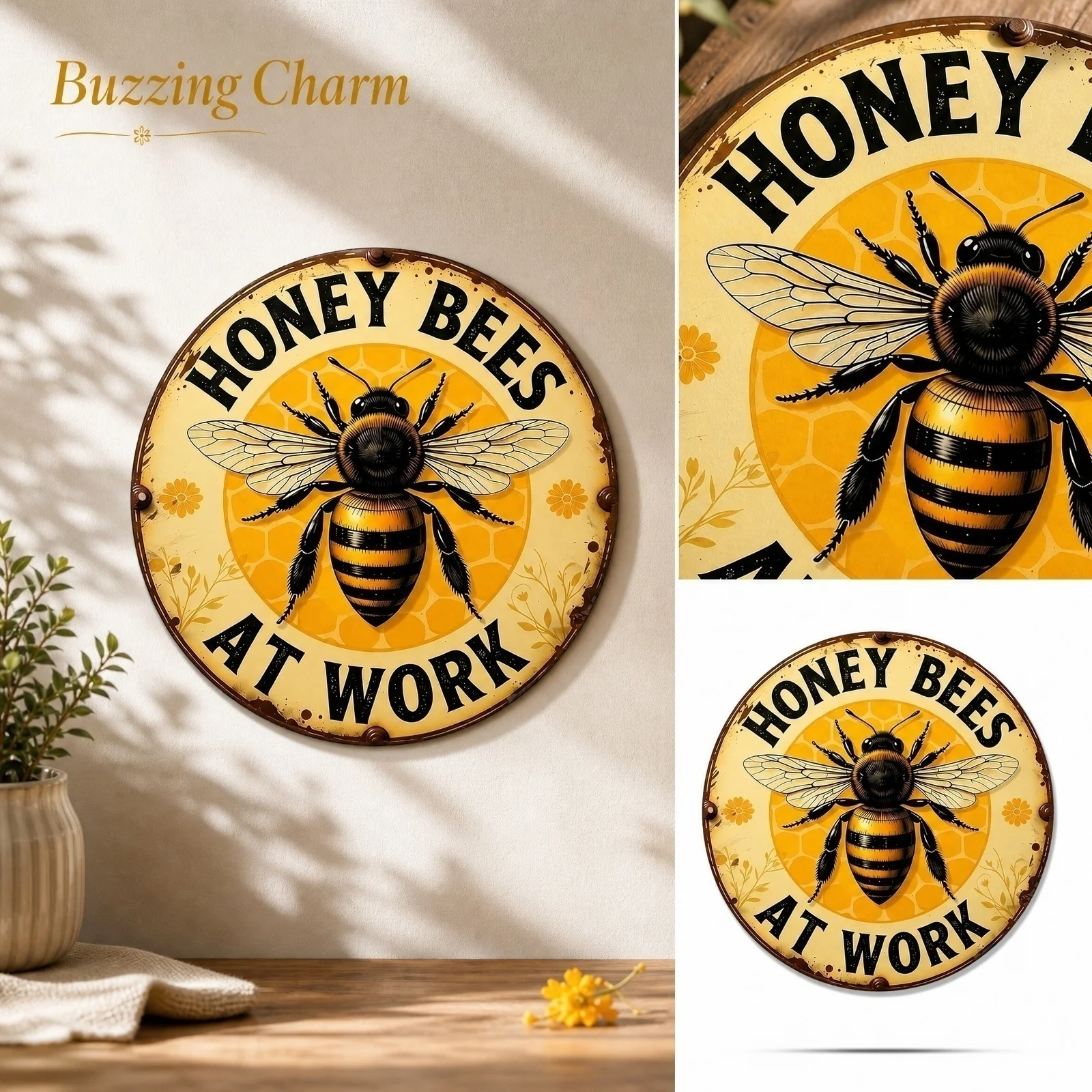 Honey Beeat Work Metal Sign Rustic Retro Wall Door Decor Plaque  Indoor Outdoor Home Garden Yard Decoration