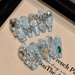 Y2k Style Handmade False Nails Metal Butterfly 3D Flower Glossy Diamond Press On Nail Medium Coffin Wearable Blue Fake Nail Tips