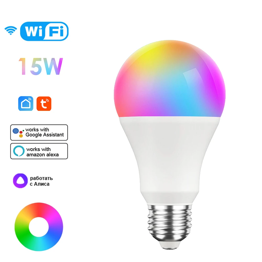 15W TUYA Smart Lamp WiFi E27 RGBCW LED Light Bulb Lightbulbs Alexa Lamp Google Home Yandex Alice 100-240V Dimmable Magic Bulbs