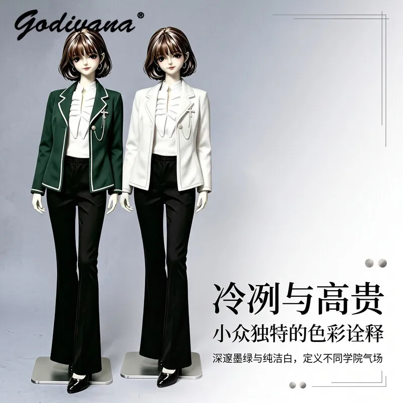 1-4-bjdドール用服-ブリティッシュスタイル-ゴールドエッジブレザーとスリムフレアパンツ、プレッピーブラウスの3点セット-62cm-70cmボディ対応