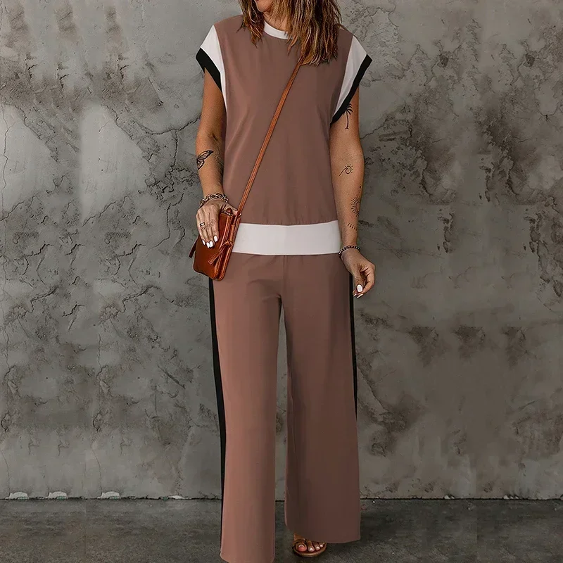 

2024 Summer Casual Short Sleeve Sport Outfits Fashion O-neck Tops & Long Pant Suits Women Elegant Patchwork Thin Loose 2Pc Sets