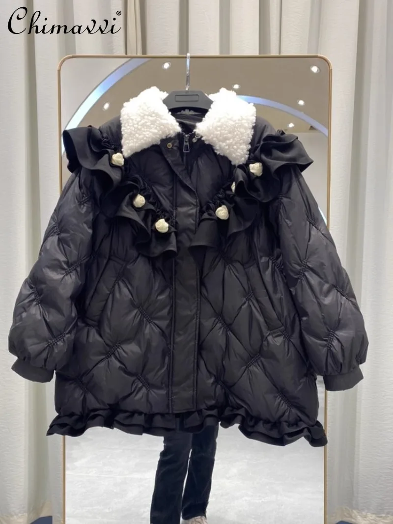 2024 Winter Thickened Original Lotus Leaf Edge Three-dimensional Flower Hair Collar Rhombus Pattern Warm Down Jacket For Women