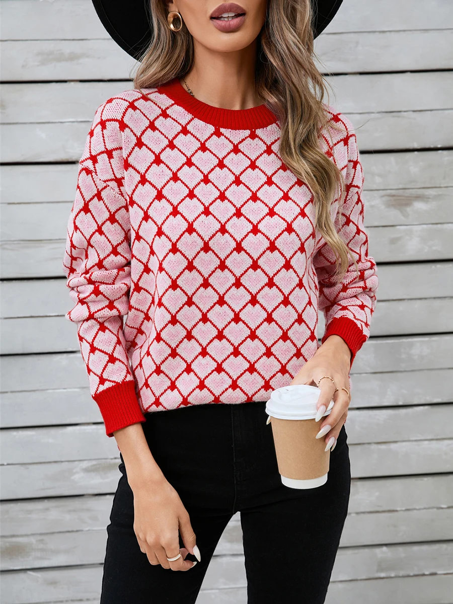 Women s Argyle Heart Print Sweaters Classic Long Sleeve Crew Neckline Loose Knit Pullover Tops