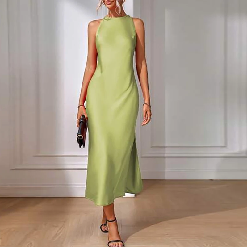 Elegant Sleeveless Satin Dress Women Fashion O Neck Side Slit Long Dresses For Women Summer Party Silk Dress