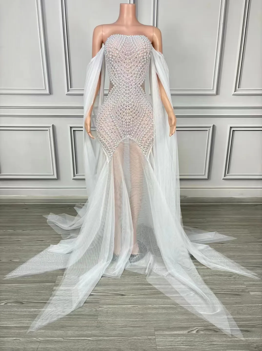 

New Pearl Tube Top White Mesh Fairy Lady Evening Clothing Photo Studio Exhibition Elegant Female Singer Stage Performance Clothi