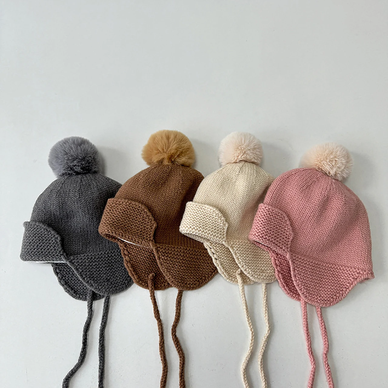 

Pompom Baby Ear Protection Cap Winter Warm Children Pullover Cap Kids Solid Color Woolen Knitted Hat 1-3Year Toddler Tie Beanies