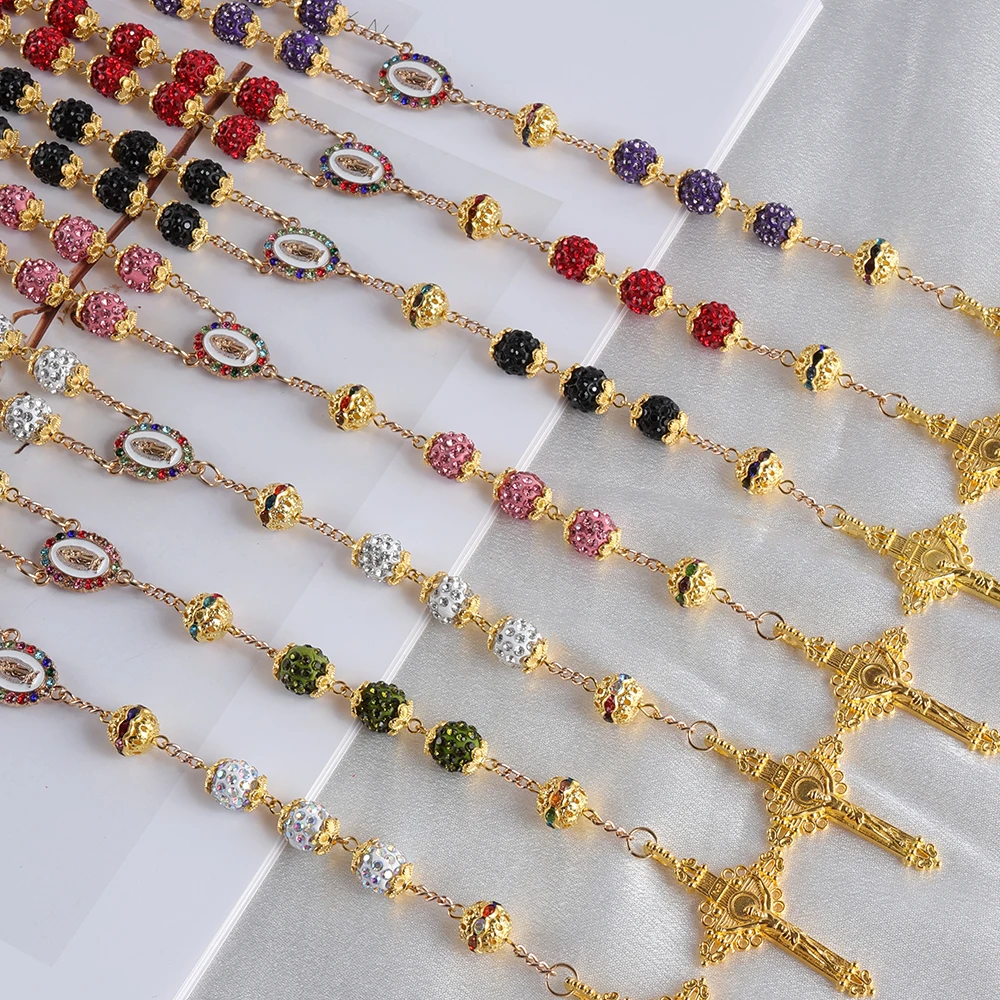 

2025 New Retro Catholic 10mm 59 Crystal Rhinestone Bead Cross Necklace Suitable for Banquet Wear or Birthday GIFts