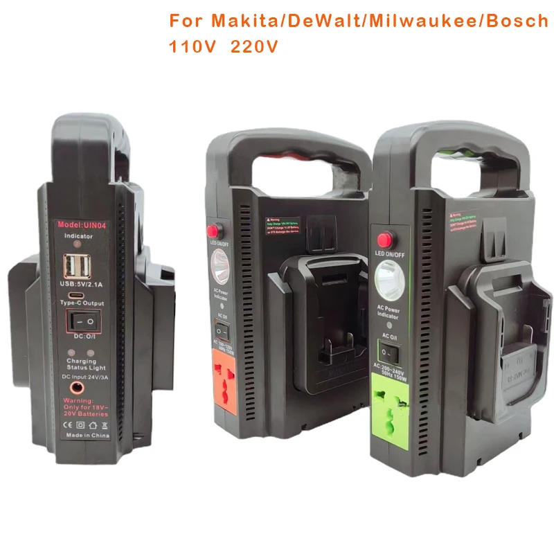 110V 220V Outdoor Mobile Lithium Battery Inverter 2-Channel Power Inverter 150W For Makita/DeWalt/Milwaukee/Bosch 18v Battery