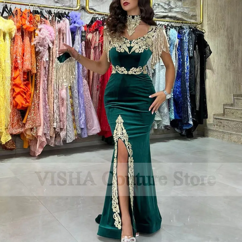 2022 Elegant Algerian Velvet Mermaid Evening Dress Split Golden Lace Applique Prom Formal Gowns Tassel Algerian Outfit