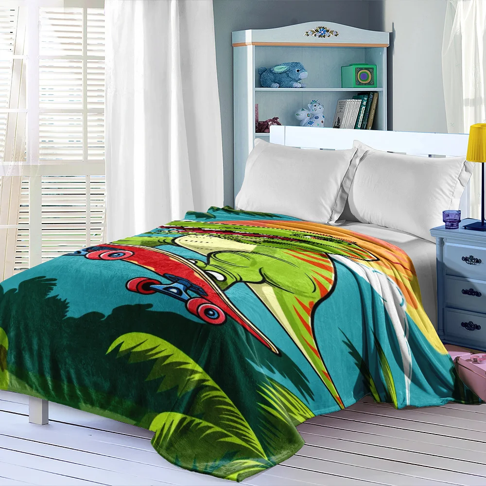 Cute Dinosaur Skateboard Throw Blanket Nursery Decor Jungle Theme Cartoon Bed Cover Kids Room Gift For Boys Girls Tropical Style