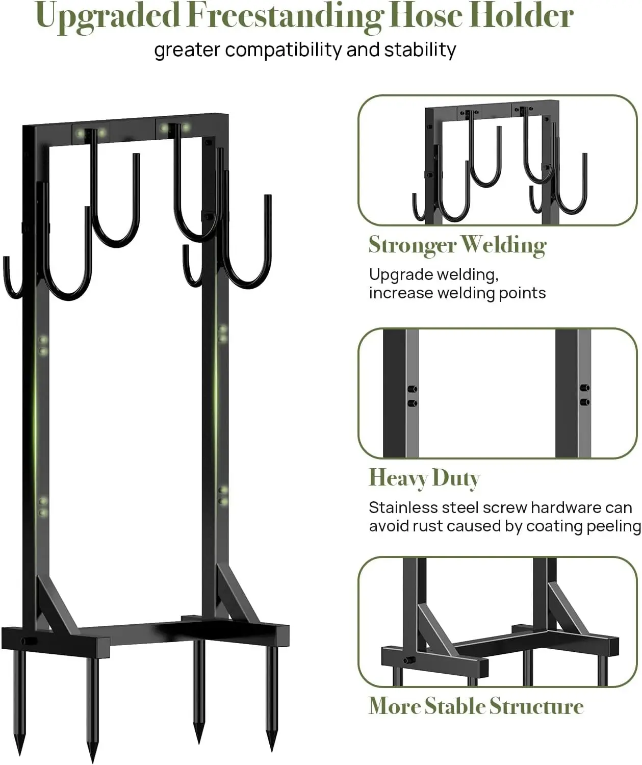 Mangueira de água com 4 Spikes, Cabide de Mangueira Autoportante, Outdoor Hold Stand, Heavy Duty, Metal, 6 Ganchos