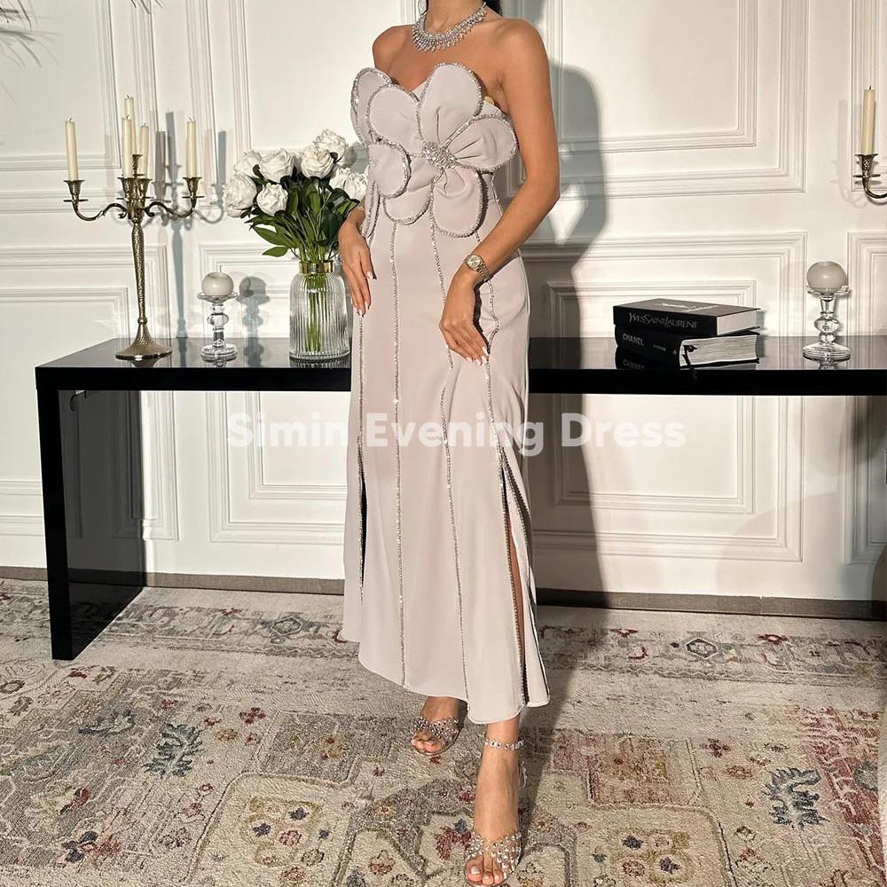 

Simin Women's Strapless Beaded Split A Line Tea-Length Saudi Evening Dresses Sleeveless With 3D Flowers Elegant Dresses 2025