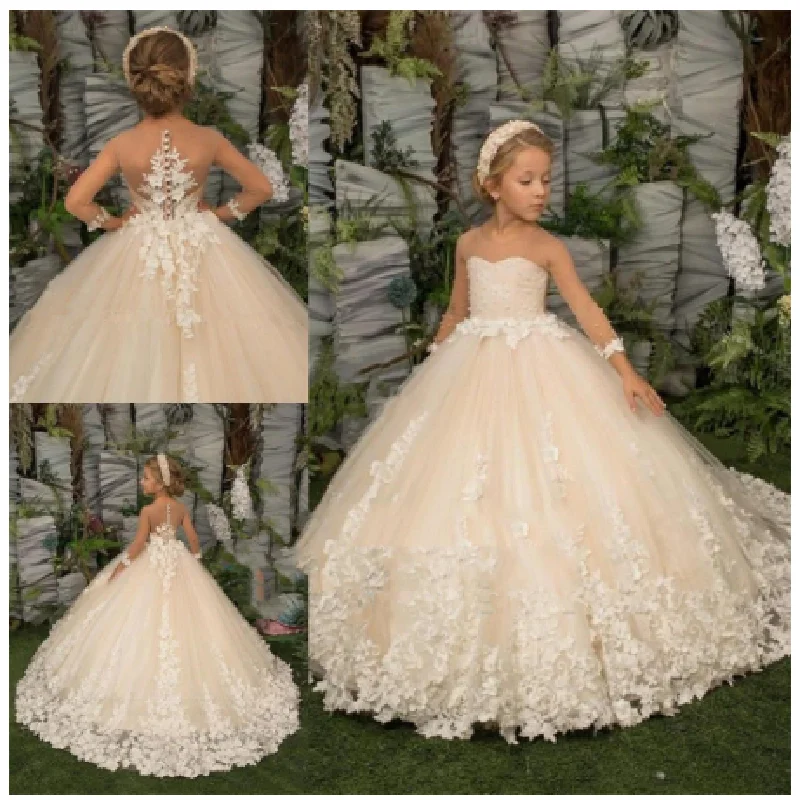 Vestido elegante de flores para niña, vestidos de fiesta de boda con apliques de tres cuartos, ropa de princesa para primera comunión