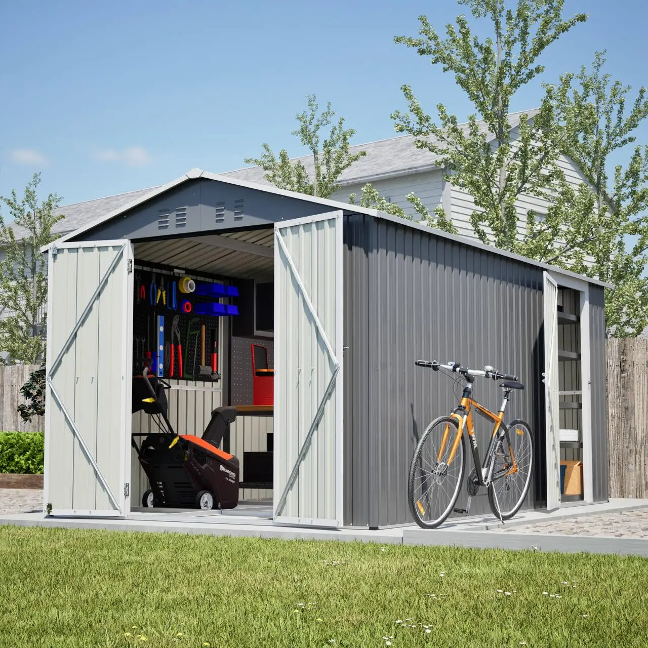 8x12 FT Metal Outdoor Storage Shed with Floor & 2 Windows, Lockable Door Garden Tool Shed for Backyard, Customized