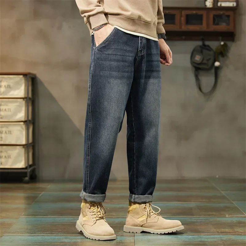 Spring and Autumn Cargo Jeans Men Straight Leg Loose Casual Pants Korean Version Trousers