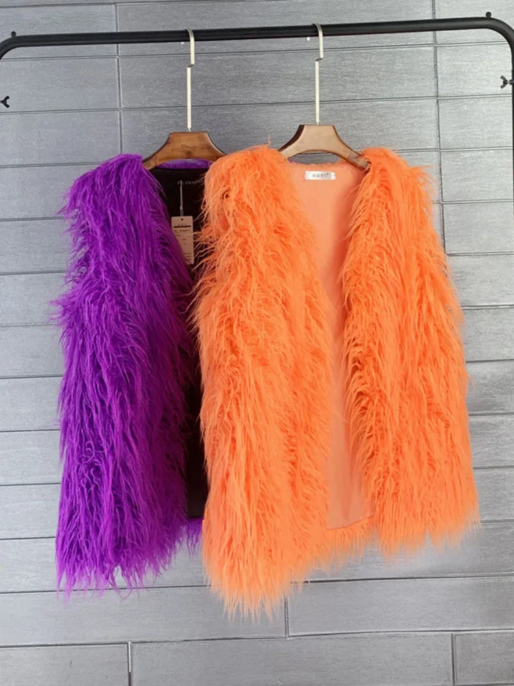 

2025 New Fashion Winter 75cm Long Fluffy Faux Fur Vest Women Colorful Faux Mongolia Sheep Fur Gilet Fake Fur Jackets Women Coats