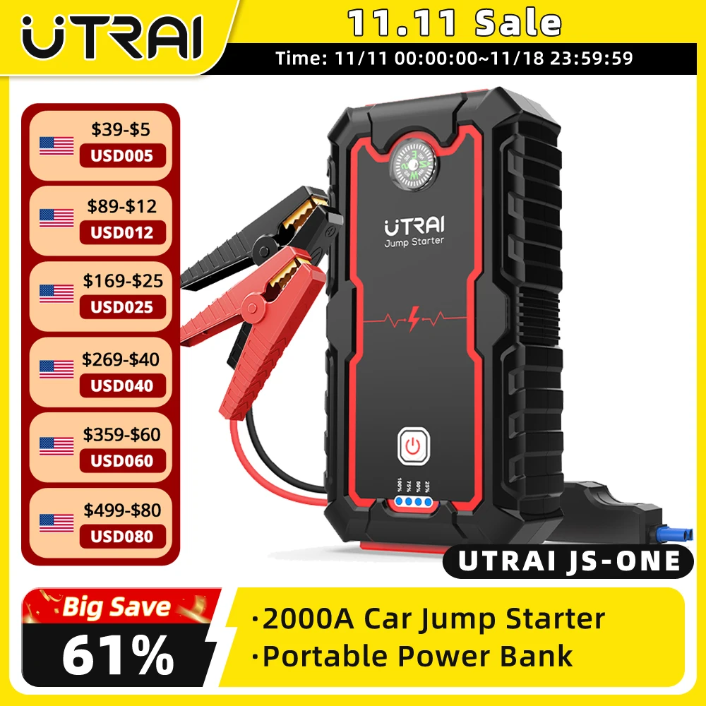 UTRAI Jump Starter Power Bank 2000A /1000A Portable Car Battery Starter For 12V Car Emergency Booster Starter Starting Device