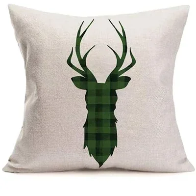 Christmas Farmhouse Decorative Pillowcase Red Green Gingham Check Reindeer Tree Linen Pillow Cover Cushion Cover 45x45cm