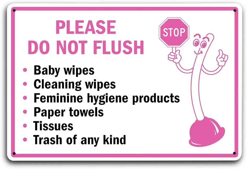 Restroom Reminder Metal Sign  Playful Toilet Mascot Do Not Flush List - Pink Durable Bathroom Signage for Septic Tank Safety - E